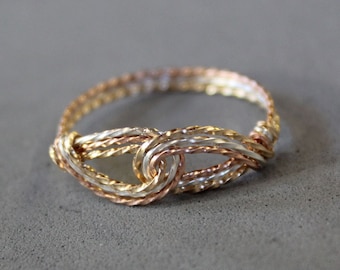 Thumb Ring - Tricolor Ring - Infinity Design - Interlocking Swirls Tricolor Twist Wire Ring - Silver Gold Rose - Womens Ring