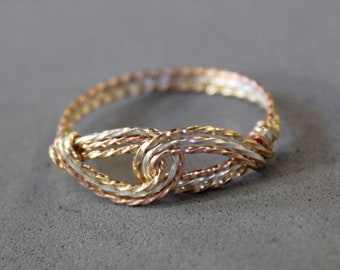 Thumb Ring - Tricolor Ring - Infinity Design - Interlocking Swirls Tricolor Twist Wire Ring - Silver Gold Rose - Womens Ring