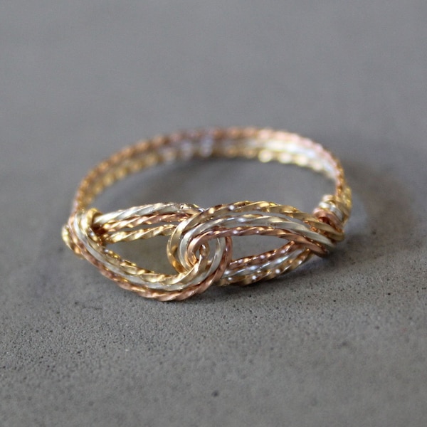 Thumb Ring - Tricolor Ring - Infinity Design - Interlocking Swirls Tricolor Twist Wire Ring - Silver Gold Rose - Womens Ring