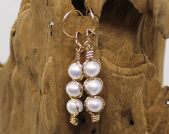 Pearl Earrings - Elegant Outlined Freshwater Pearls Dangle Earrings - June Birthstone - Bridal Jewelry