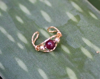 Bead Ear Cuff - Dainty Ear Wrap - Genuine Garnet in Gold Twist Wire - January Birthstone - Ear Accessory - Non Pierced Earring