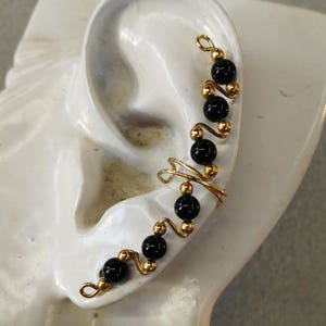 Ear Cuff - Ear Wrap - Flirty Long Cuff Smooth Black Onyx Beads - Fancy Ear Cuff - Black Ear Cuff - No Piercing - Non Pierced - Ear Crawler