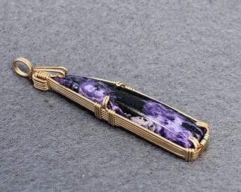 Charoite Pendant - Long Thin Purple Gemstone Wirewrapped Pendant - Russian Charoite Gold Filled Wire Slider - One of a Kind Gifts For Women