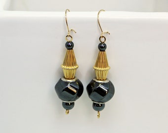 Hematite Dangle Earrings - Amazing Faceted Hematite and Fancy 14kt Gold Filled Beads Earrings - Also Clip Ons - Gifts For Women