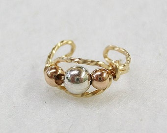 Tricolor Ear Cuff - Cute Silver & Rose Gold Beads Gold Wire Ear Cuff - Non Pierced - Ear Wrap - Ear Band
