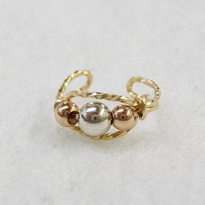 Tricolor Ear Cuff - Cute Silver & Rose Gold Beads Gold Wire Ear Cuff - Non Pierced - Ear Wrap - Ear Band