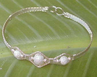 Wire Bracelet - Sterling Silver Stardust Beads - 3 Bead Point Wirewrapped Bracelet - Sterling Bangle - Silver Beads - Silver Bracelet