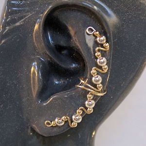 Two-Tone Ear Cuff - Fancy Ear Cuff - Flirty Long Gold Wire Silver Beads Ear Wrap - Ear Crawler - Non Pierced Earring