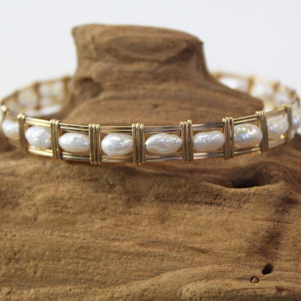 Pearl Bracelet - Freshwater Pearls Wirewrapped Bracelet - Gold Pearl Bangle - June Birthstone