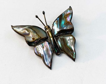 Vintage Abalone Butterfly Pin - Sterling Silver Pin - Rainbow Colors - Gemstone Butterfly Brooch
