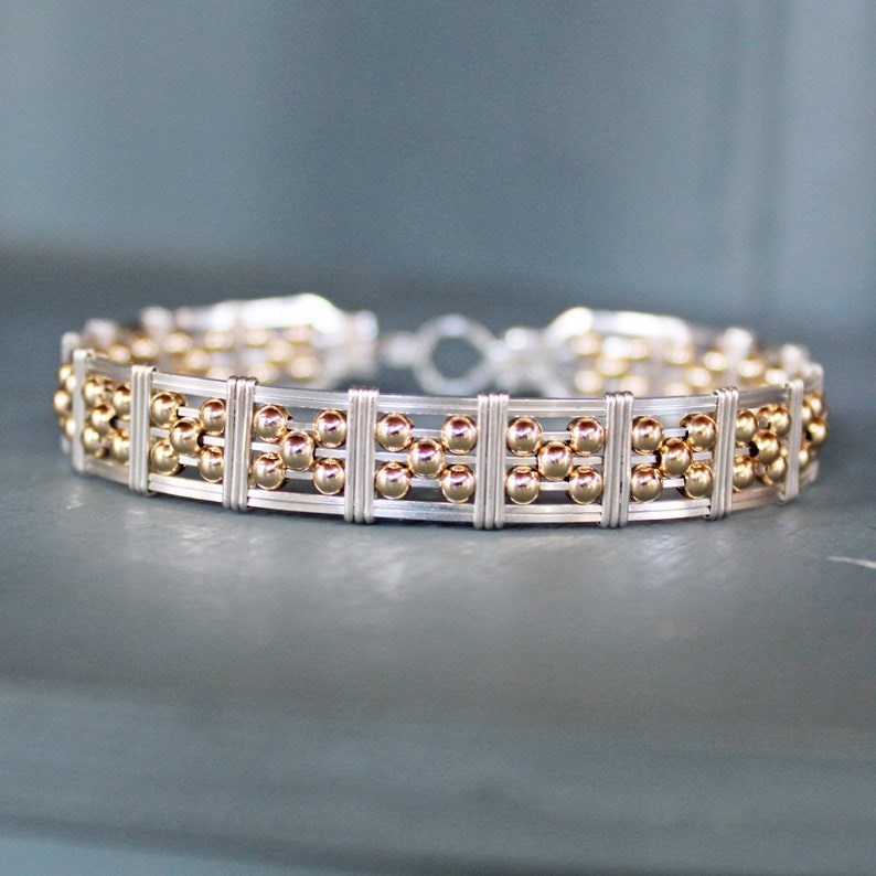 Two Tone Wire Bracelet 5bead Star Silver Beads Gold Wire Etsy