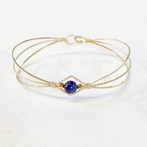 Bead Bracelet - Wire Bracelet - Sweet Feminine Genuine Lapis Wirewrapped Bracelet - Blue Lapis Bead - Gold Wire Bangle - Gift For Her
