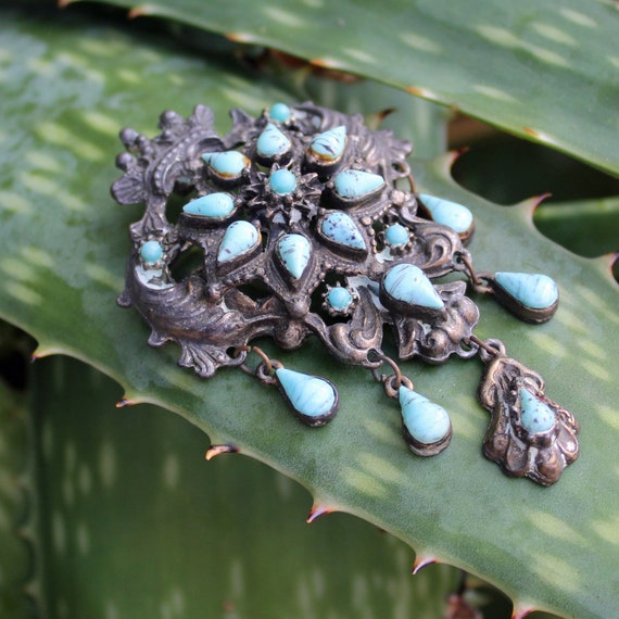 Vintage Turquoise Pin Pendant - Large Ornate Pin … - image 5