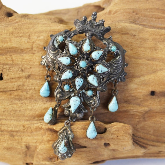 Vintage Turquoise Pin Pendant - Large Ornate Pin … - image 1