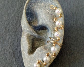 Wedding Ear Cuff - Long Gold Wire Cuff with Pearls - Pearl Ear Cuff - Non Pierced Earring - Bridal Ear Cuff - Ear Wrap - Freshwater Pearls