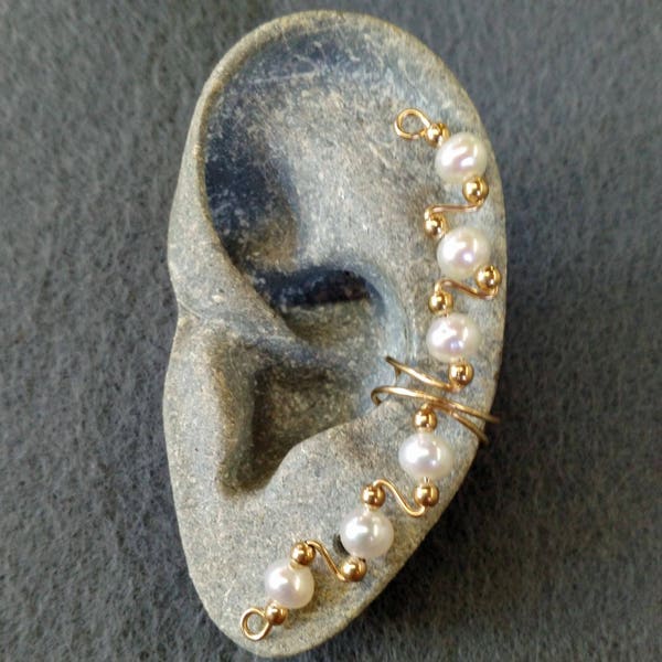 Wedding Ear Cuff - Long Gold Wire Cuff with Pearls - Pearl Ear Cuff - Non Pierced Earring - Bridal Ear Cuff - Ear Wrap - Freshwater Pearls