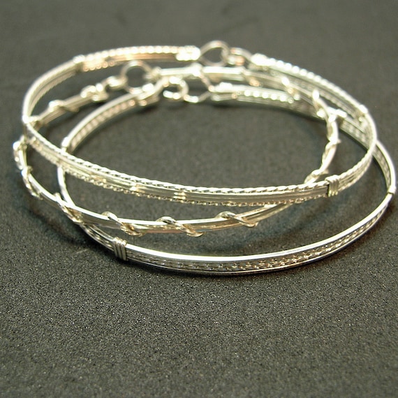 Silver Wire Bracelets - Stackable Bracelet Set - Thin Wirewrapped Bracelets - Three Bracelets Set - Silver Bangles - Gifts For Her