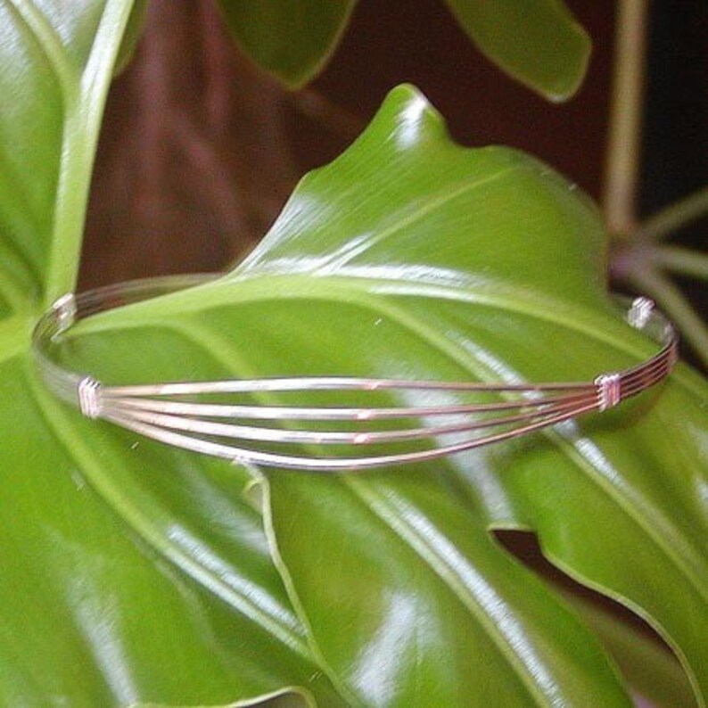 May include: A silver bracelet with four thin bands, resting on a green leaf.