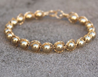 Gold Bead Bracelet - Shiny 14kt Gold Filled Beads Wirewrapped Bracelet - Gold Beads - Stackable Bangle - Gift For Her