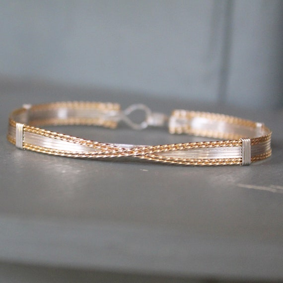 Two Tone Wire Bracelet - Sassy Sterling Silver, 14kt Gold Filled Wire Bangle - X Design - Stackable Bracelet - Gifts for Women
