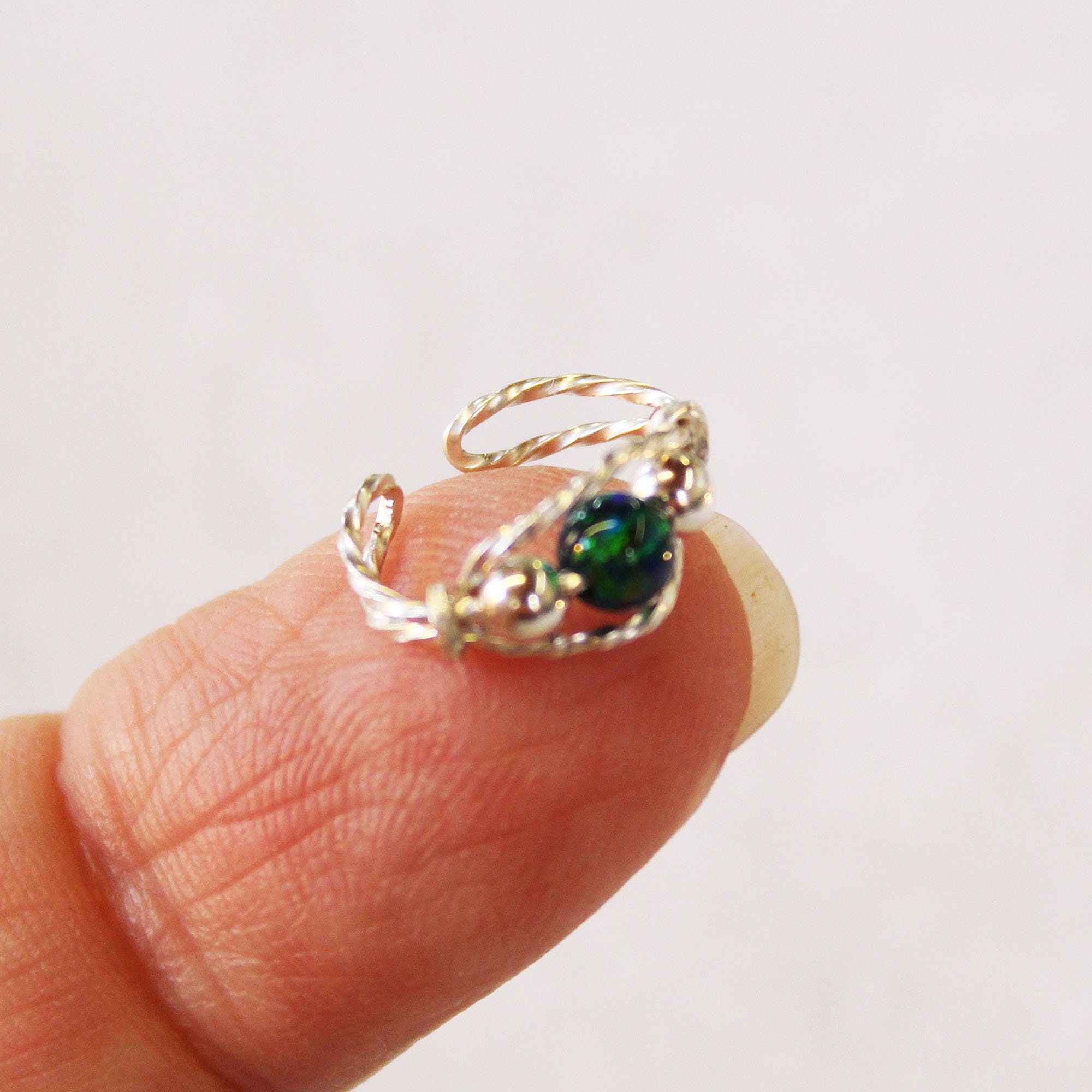 Ear Cuff - Opal Ear Cuff - Sterling Ear Wrap - Silver Twist Wire Cuff Dark Green Opal Bead - Lab Created Opal - Non Pierced - Ear Band