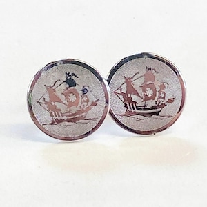 Vintage Silvertone Cuff Links - Sailing Ship Design - Nautical Cufflinks - Mens Accessories