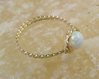 Opal Ring - Gold Wire Ring - Fiery Lab Created Opal Bead Ring - Rainbow Colors - October Birthstone - Dainty Ring - Birthstone Ring