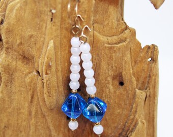 SALE Long Blue Bead Dangle Earrings - Pale Blue Bright Blue - Acrylic Beads Glass Beads - Affordable Gift - Gift for Mom