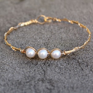 Freshwater Pearl Bracelet - Elegant 3-Bead White Pearl Bracelet - Wirewrapped Bangle - June Birthstone - Gift for Her
