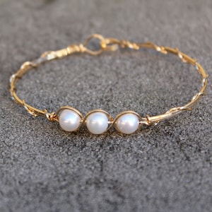 Freshwater Pearl Bracelet - Elegant 3-Bead White Pearl Bracelet - Wirewrapped Bangle - June Birthstone - Gift for Her