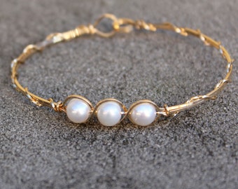 Freshwater Pearl Bracelet - Elegant 3-Bead White Pearl Bracelet - Wirewrapped Bangle - June Birthstone - Gift for Her