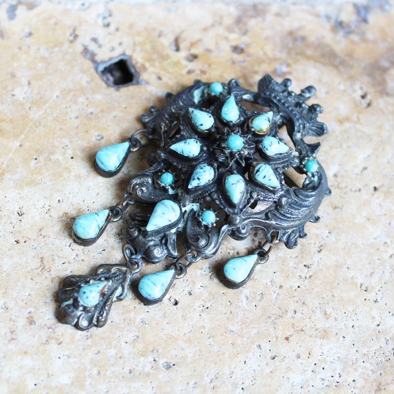 Vintage Turquoise Pin Pendant - Large Ornate Pin … - image 9