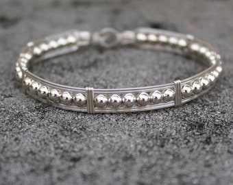 Silver Bead Bracelet - Sterling Wirewrapped Bracelet - Silver Wire Bracelet - Stackable Bangle - Gifts For Women