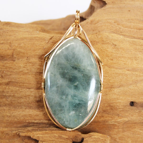 Aquamarine Pendant - Blue Gem Wirewrapped Pendant - Gold Wire Pendant - Gemstone Necklace Slider - March Birthstone