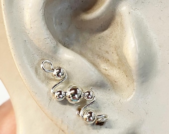 Ear Climbers - Ear Crawlers - Silver Ear Sweeps - Smooth Sterling Silver Beads Small Ear Sweeps - Up The Ears - Wirewrapped Earrings