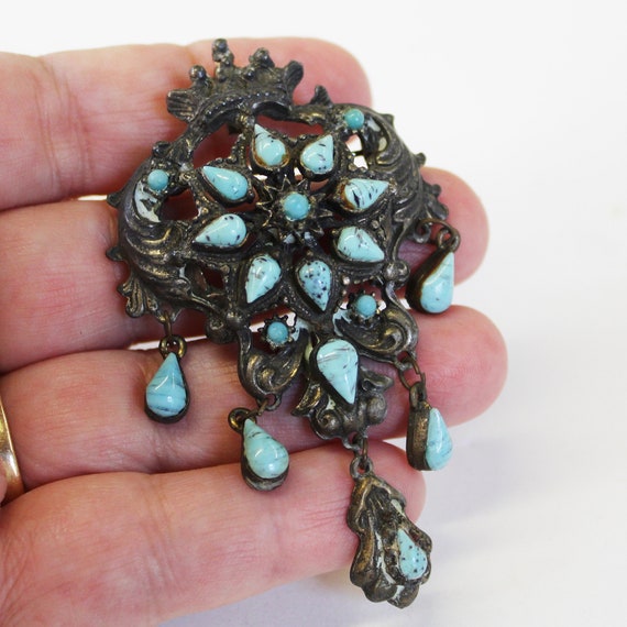 Vintage Turquoise Pin Pendant - Large Ornate Pin … - image 4