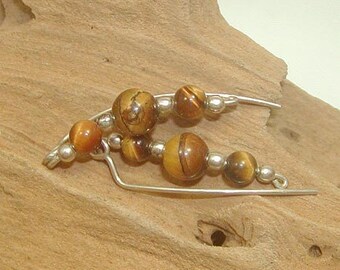 Ear Climbers - Ear Sweeps - Earthy Tiger Eye Beads Sterling Silver Ear Sweeps - Brown Ear Sweeps - Silver Wire - Simple Ear Crawlers