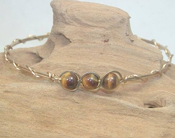 Wirewrapped Bracelet - Wire Bangle - Lovely 3-Bead Genuine Tiger Eye Wire-Wrapped Bracelet - 14kt Gold Filled - Gift For Sister