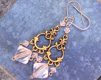 Crystal Chandelier Earrings - Pink Dangle Earrings - Gold Filled Ear Wires - Party Earrings - Prom Wedding Jewelry
