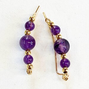 Ear Climbers - Amethyst Earrings - Juicy Purple Amethyst Beads Gold Wire Ear Sweeps - February Birthstone - Up the Ears - Ear Crawlers