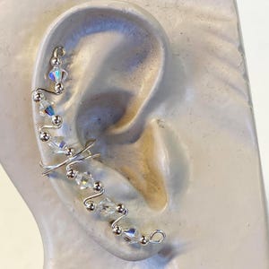 Ear Cuff - Fancy Long Silver Wire Cuff - Crystal Ear Cuff - Non Pierced Earring - Wedding Ear Cuff - Ear Wrap - Flashy Crystal Beads