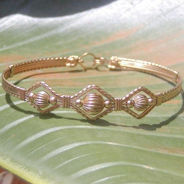 Wirewrapped Bracelet - Gold Wire Bracelet - Dressy Fluted Beads Wire-Wrapped Bracelet - Gold Bangle - Gifts For Women - Wirewrap Jewelry