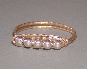 Ring - Two Tone Ring - Silver Beads and Gold Wire - Twist Wire Ring - Bead Ring - Stackable Ring - Silver and Gold Ring - Dainty Beads Ring