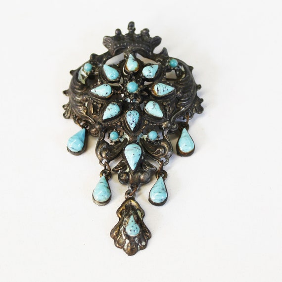 Vintage Turquoise Pin Pendant - Large Ornate Pin … - image 2