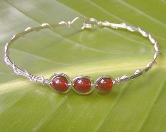 Carnelian Bead Bracelet - Elegant 3-Bead Carnelian Silver Wire-Wrapped Bracelet - Sterling Bangle