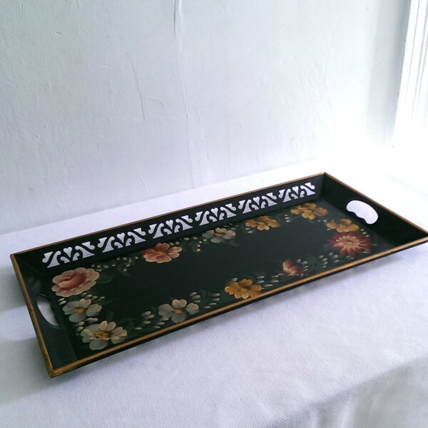 Mid Century Plymouth Tole  Ware Large Handle Handpainted Tray  in Original Box
