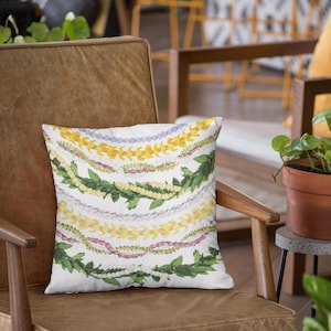 Hawaiian Lei Design Throw Pillow, Square Pillow, Local Hawaii, Tropical Home Decor, Puakenikeni, Crown Flower, Lokelani, Ti Leaf Print
