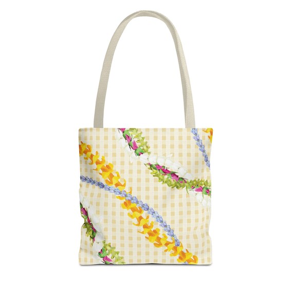 Canvas Tote, Hawaiian Lei Strand and Palaka Design, Puakenikeni, Local Hawaii Flower, Floral, Carryall, Grocery, Everyday Bag