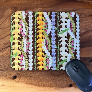 Hawaiian Lei Strands Mouse Pad, Puakenikeni, Crown Flower, Lokelani, Ti Leaf, Office, Home Decor, Hawaii Gift For Her, Mom, Brown
