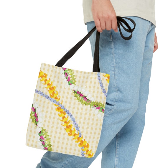 Canvas Tote, Hawaiian Lei Strand and Palaka Design, Puakenikeni, Local Hawaii Flower, Floral, Carryall, Grocery, Everyday Bag